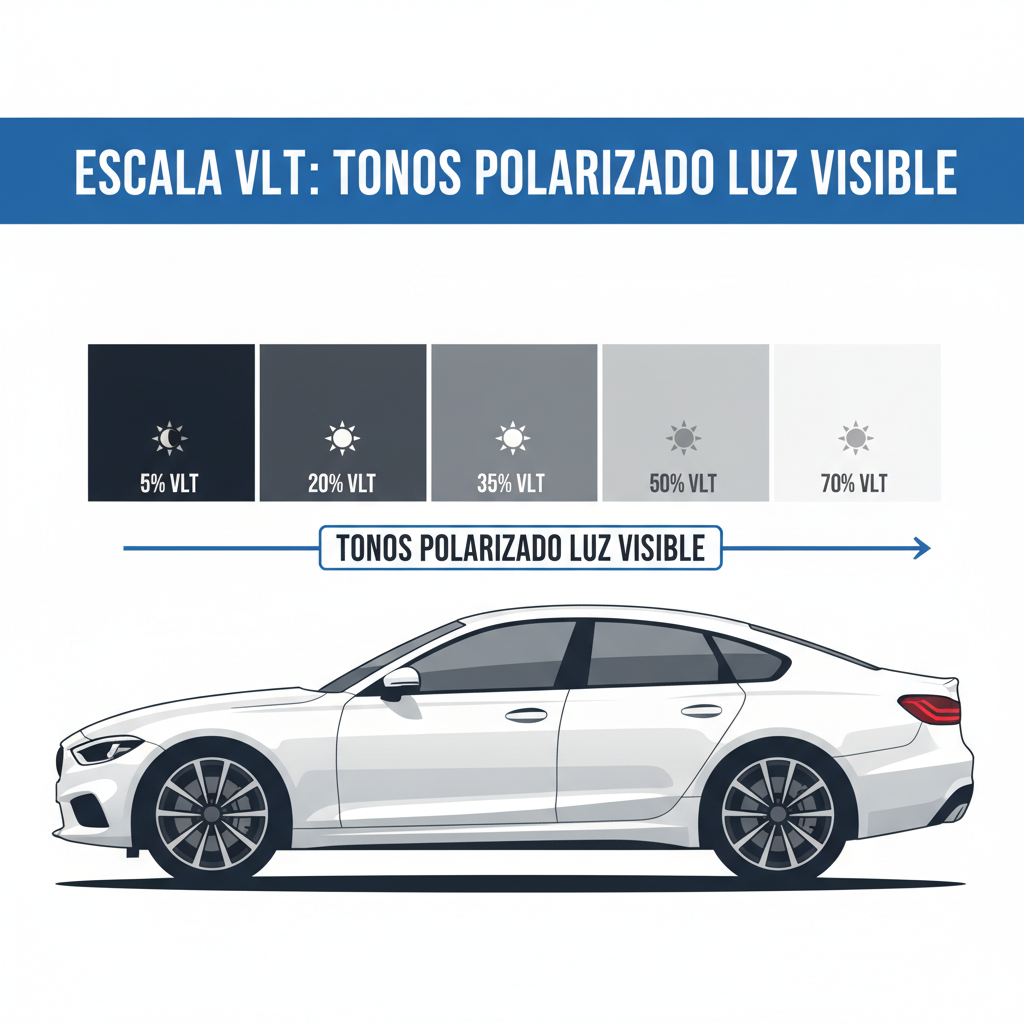 Escala de tonos VLT de polarizado, desde 5% oscuro hasta 70% claro