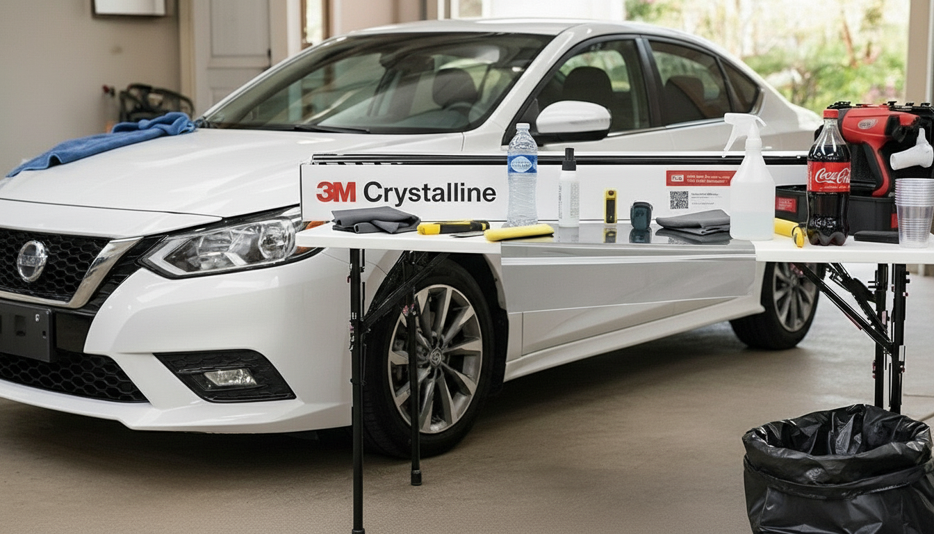 Técnico especializado instalando película antiasalto en auto