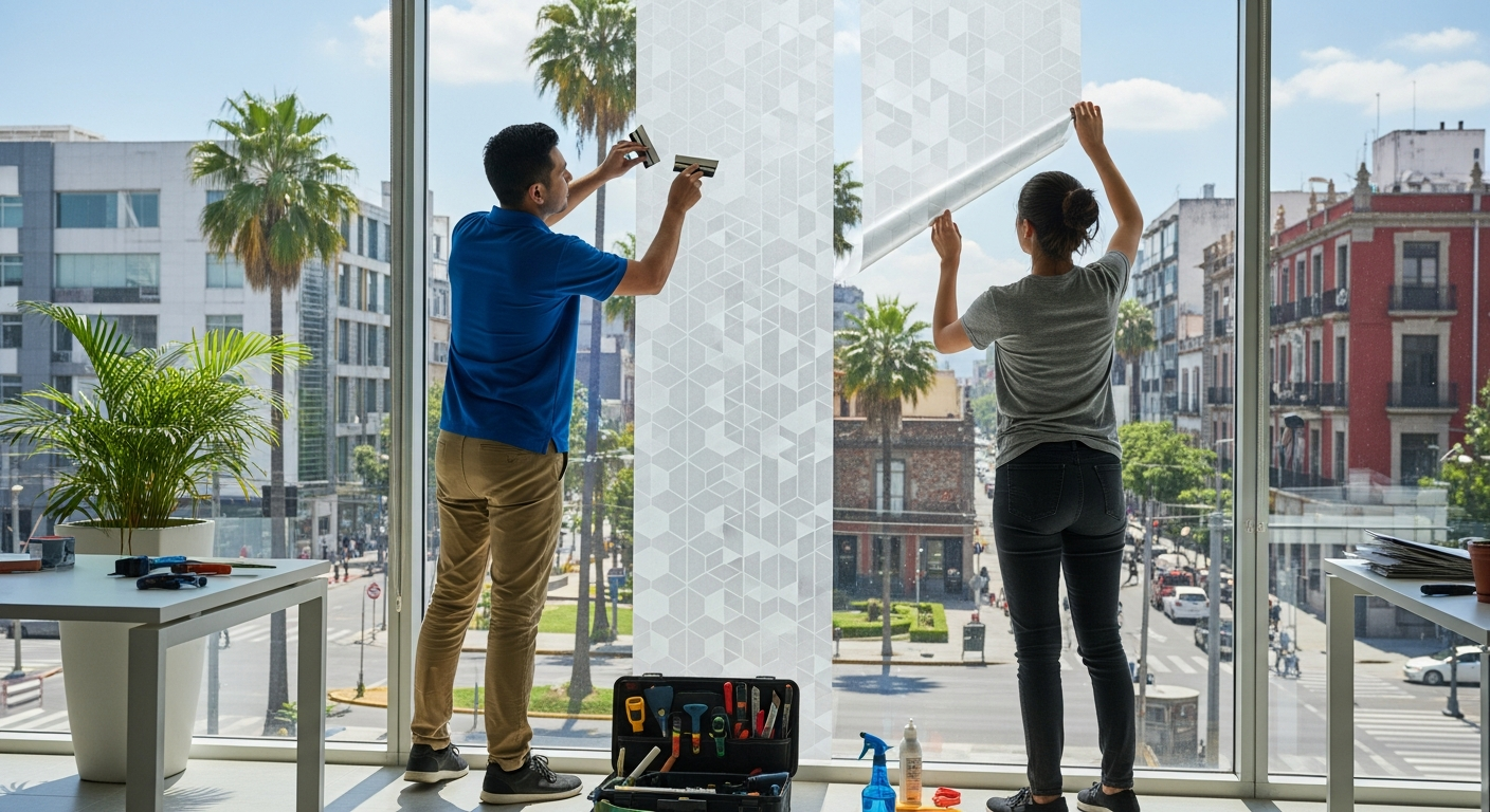 Vinil microperforado en fachada de edificio comercial