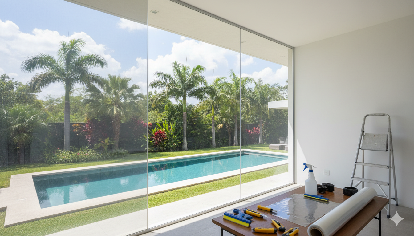 Película de seguridad con control solar instalada en ventana de casa con protección UV