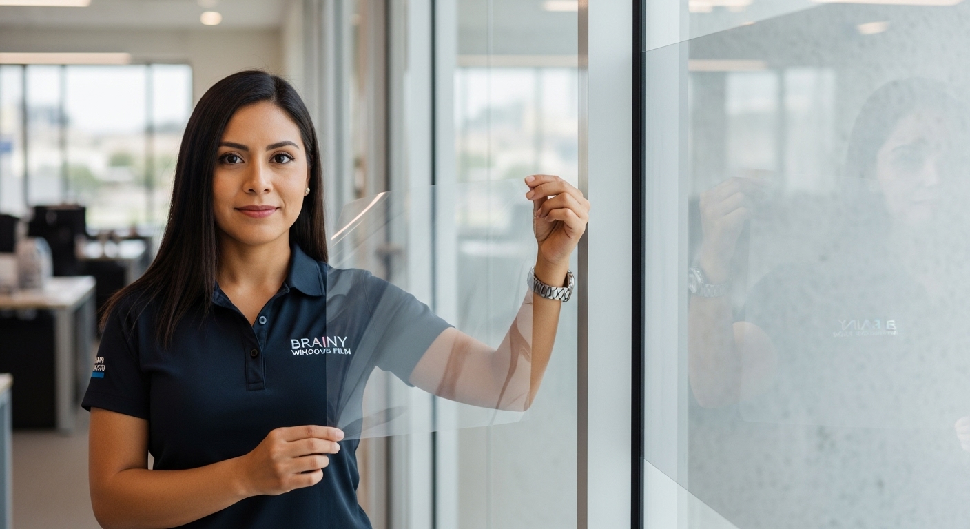 Ventana de oficina con película esmerilada para privacidad