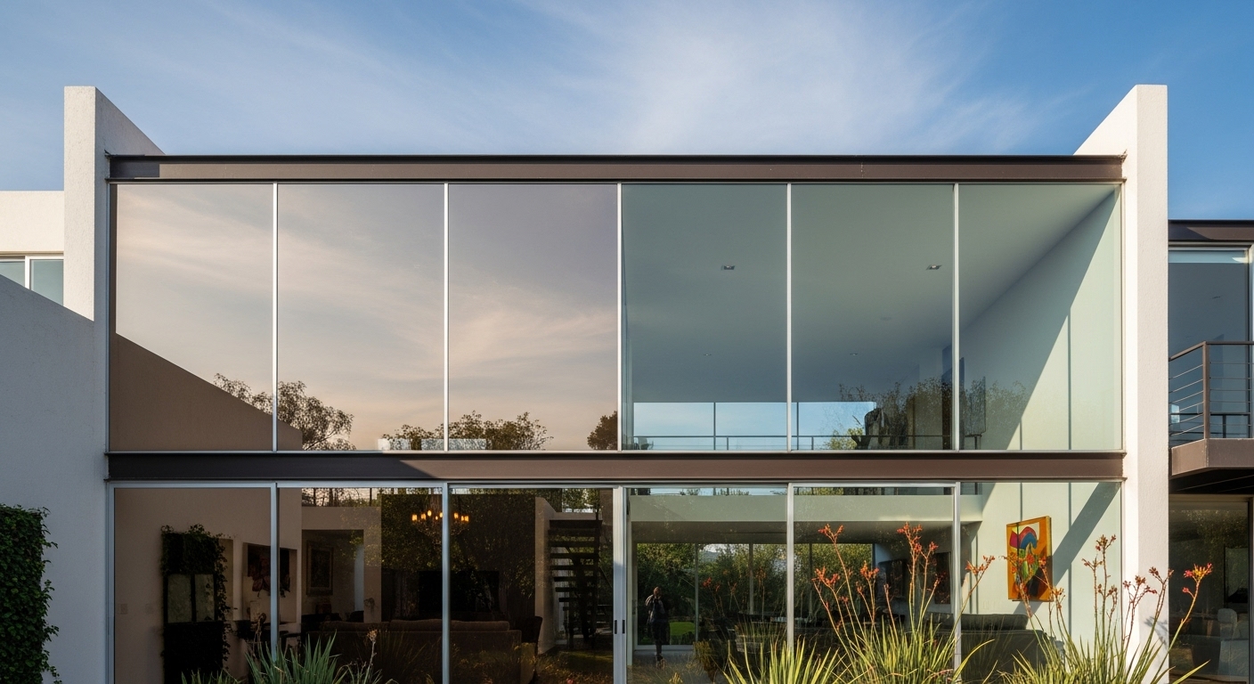 Ventana con película de privacidad tipo espejo y esmerilado.